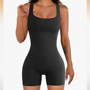 Black Ribbed Square Neck Seamless Jumpsuit